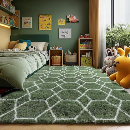 ONASAR 5x7 Area Rugs for Living Room Bedroom, Washable Fluffy Olive Green and White Throw Rug, Geometric Boho Soft Plush Shaggy Floor Carpet for Nursery Kids Girls Boys Teen Dorm Home Decor