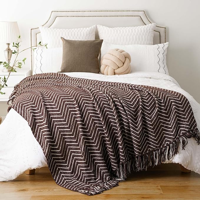 BATTILO HOME Chocolate Brown Throw Blanket for Couch, Decorative Knit Dark Brown Blanket for Bed, Super Soft Warm Throw for Fall Winter Accent Decor, 50''x60'', Chocolate/Cream