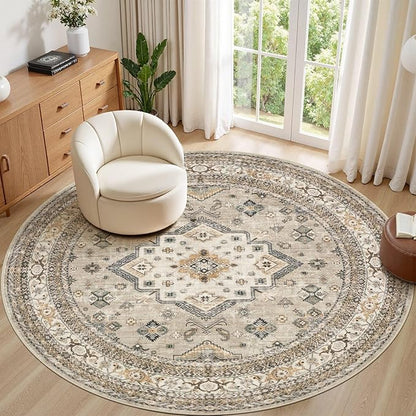 8ft Round Vintage Living Room Area Rug - 8x8 Large Soft Washable Oriental Traditional Distressed Farmhouse Rugs for Bedroom - Indoor Floor Accent Carpet for Home Office House Decor - Beige