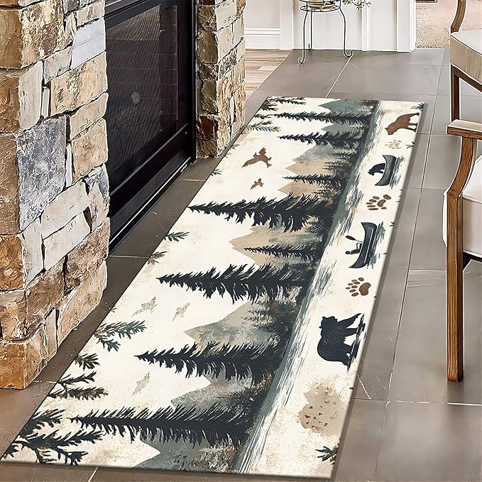 Retro Bear Claw Mountain Runner Rug 4x10ft with Elk Cabin - Non-Slip Bohemian Rug, Washable Floor Mat for Balcony Corridor, River Landscape Art