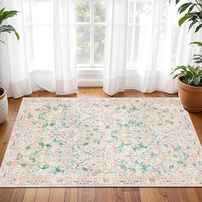 MUJOO 2x3 Washable Rug,Pink Floral Small Area Rugs for Bathroom Entryway Entry Bedroom Bedside,Boho Front Door Mat Indoor Entrance Throw Carpet Botanical Vintage Non Slip Ultra-Thin