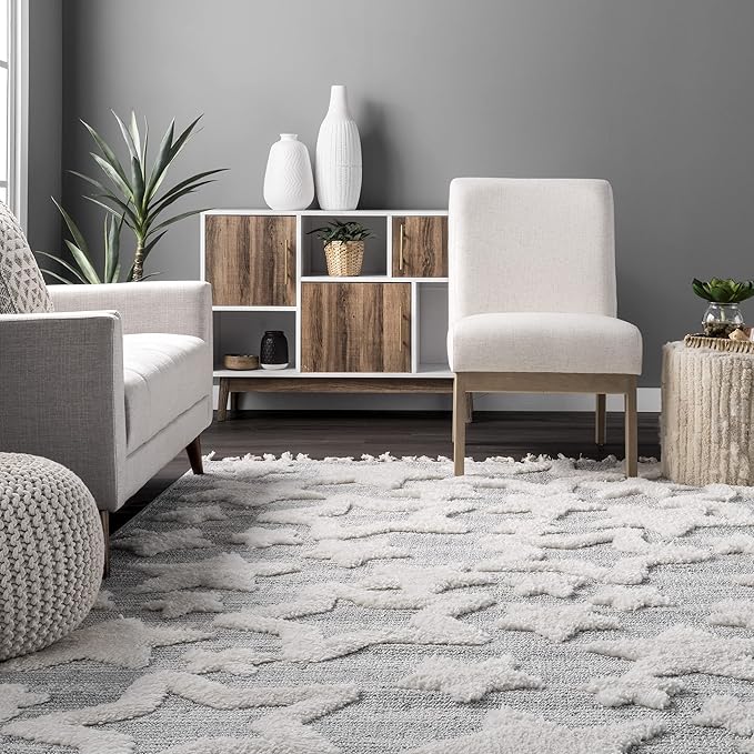 nuLOOM Raven Modern Stars High Low Shaggy Tassel Area Rug, 5x8, Light Grey