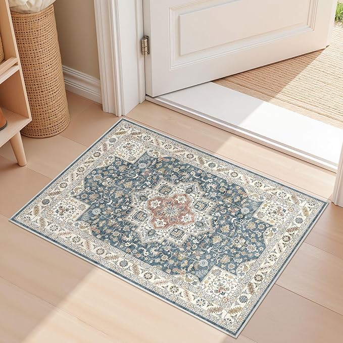 Vintage Entryway Area Rug 2x3 - Large Soft Washable Oriental Traditional Distressed Farmhouse Rugs for Bedroom - Indoor Floor Accent Carpet for Home Office House Decor - Blue