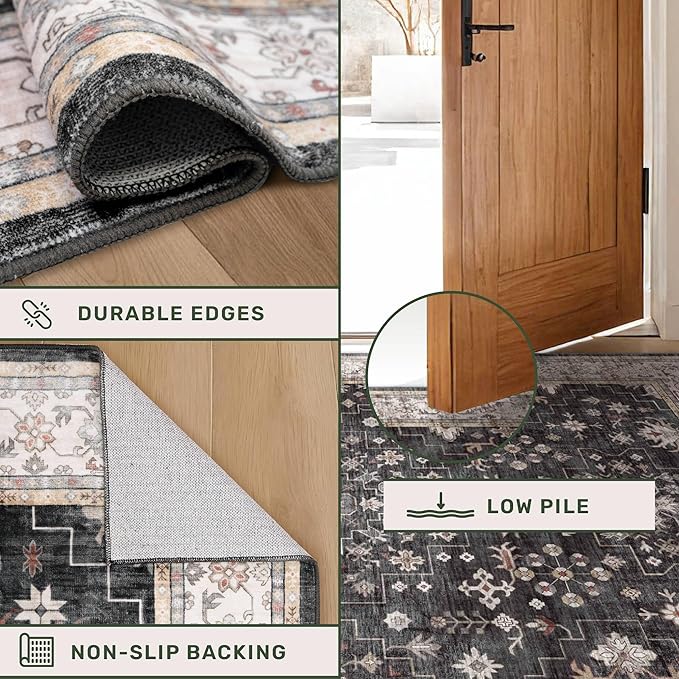 Black Boho Washable 3x10 Extra Long Hallway Runner Rug, Waterproof Large Kitchen Floor Rug Indoor, Non-Slip Stain & Fade Resistant, Vintage Floral Decor