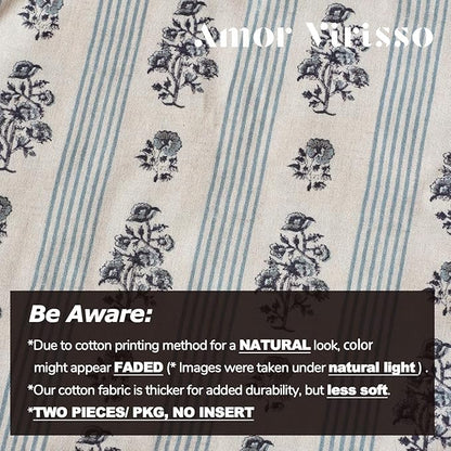Amor Virisso Floral Throw Pillow Covers 18x18 Set of 2 Block Print Pillow Covers Neutral Floral Striped Farmhouse Decorative Pillow Covers for Sofa Couch Bed, Light Blue