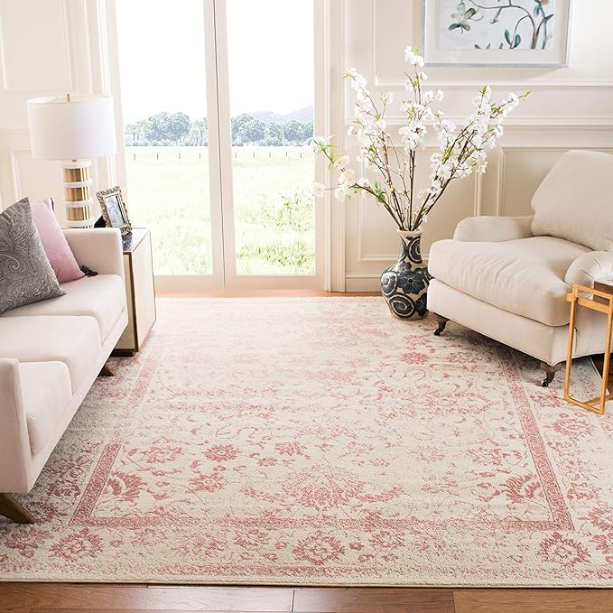 SAFAVIEH Adirondack Collection Area Rug - 5'1" x 7'6", Ivory & Rose, Distressed Vintage Floral Design, Non-Shedding & Easy to Clean, Ideal for Living Room, Bedroom, Dining Space (ADR109H)