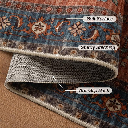 Tangsoo 2.6x8 Washable Runner Rug for Hallways, Non Slip Vintage Runner Rug, Soft Low Pile Long Rug Runner, Print Carpet Runners for Kitchen Bedroom Entryway Bathroom Living Room Terracotta