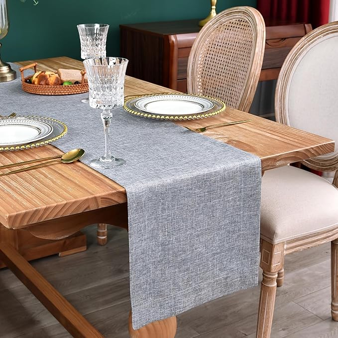 NEWISHER Farmhouse Rustic Table Runner Solid Grey Rectangular Table Runners Faux Linen Table Runner for Everyday Use Kitchen Dining Party Table 13x90 Inch