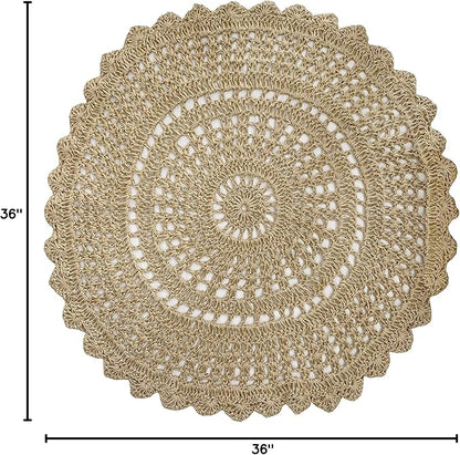 Ramanta Home Jute Handmade Natural Crochet Woven Rug 3 Feet Round, Anti- Slip Circle Boho Farmhouse Accent Area Rugs for Living Room, Kitchen, Bedroom | Nursery Costal Neutral Floor Patio Mat