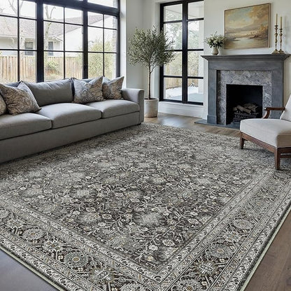 Vintage Area Rug 8x10 Black Washable Living Room Large Carpet Non Slip Bedroom Indoor Office Low Pile Traditional Distressed Retro Accent Rug for Dining Room
