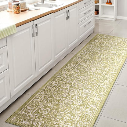 JONATHAN Y Weave Floral Indoor Outdoor Runner Rug 2X8 Green/Cream, Tela Bohemian Textured for Backyard, Patio, Porch, Easy-Cleaning, High Traffic, Pet-Friendly, Non-Shedding (SMB100D-28)