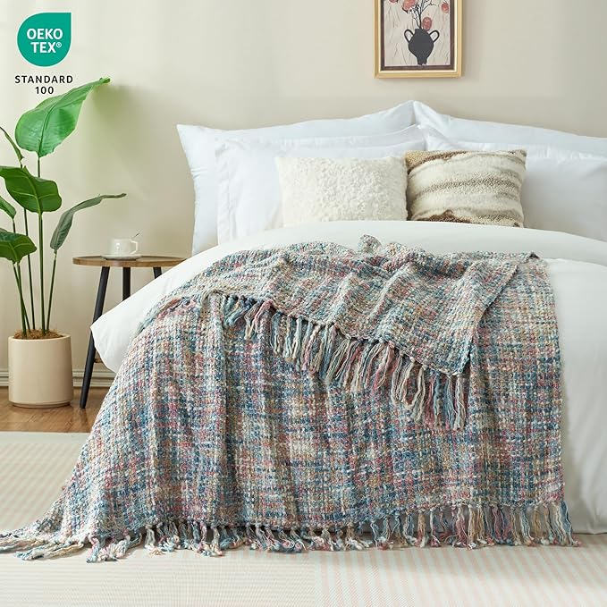Multi-Color Pink Blue Cable Knitted Throw Blanket for Couch,50"X60" Boho Style Textured Blankets for Home Decor,Super Soft Warm Cozy Chunky Knit Blanket with Decorative Tassels for Bed