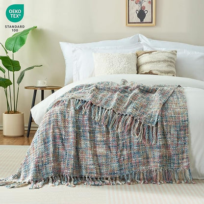 Multi-Color Pink Blue Cable Knitted Throw Blanket for Couch,50"X60" Boho Style Textured Blankets for Home Decor,Super Soft Warm Cozy Chunky Knit Blanket with Decorative Tassels for Bed