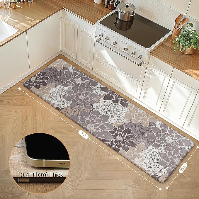 GENIMO Kitchen Mats for Floor 2PCS, Cushioned Anti Fatigue Kitchen Rugs Floral Patterns Mat 23.6"x71", CoffeeBrown