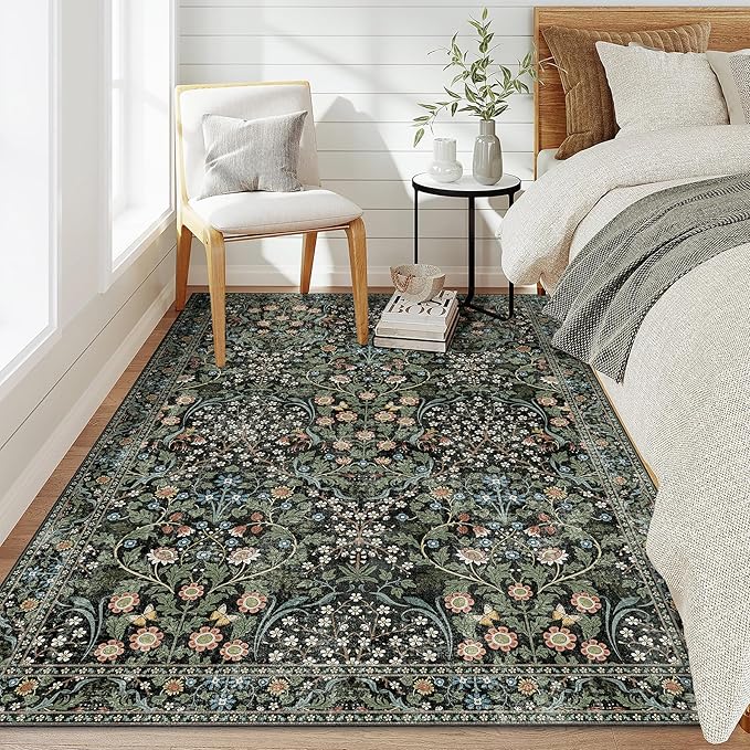 MUJOO 3x5 Rug Washable,Floral Area Rug for Bedroom Office Entryway Living Room Bedside,Small Throw Carpet Boho Non Slip Indoor Floor Botanical Vintage Ultra-Thin Black and Green