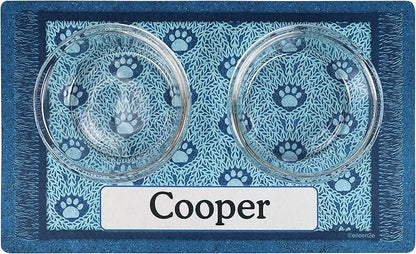 Drymate Personalized Pet Bowl Placemat, Custom Dog & Cat Food Feeding Mat - Absorbent Fabric, Waterproof Backing - Machine Washable/Durable (USA Made) (12" x 20") (Blue Paw Braid)