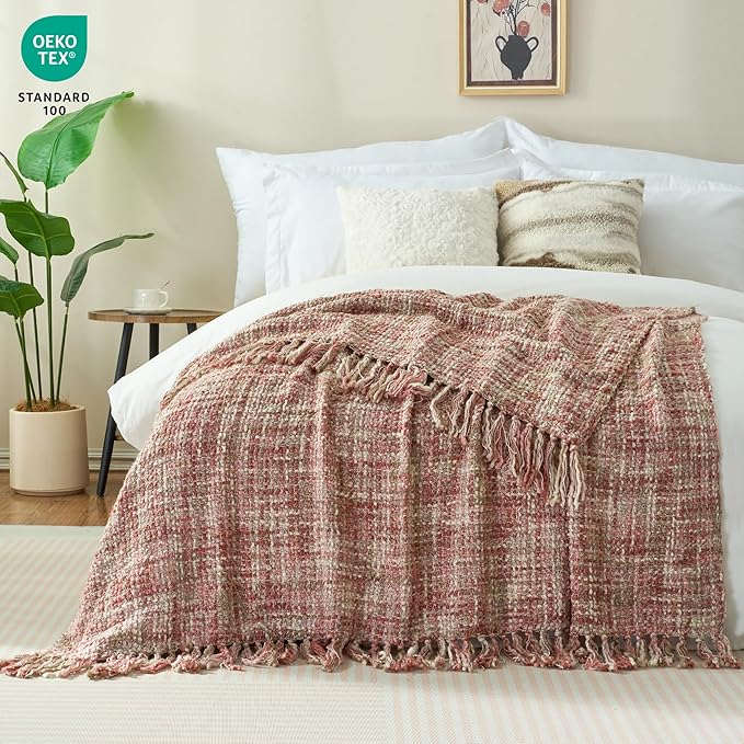 Multi-Color Light Pink Cable Knitted Throw Blanket for Couch,60"X80" Boho Style Textured Blankets for Home Decor,Super Soft Warm Cozy Chunky Knit Blanket with Decorative Tassels for Bed