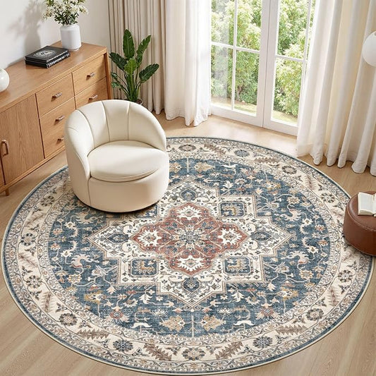 8ft Round Vintage Living Room Area Rug - 8x8 Large Soft Washable Oriental Traditional Distressed Farmhouse Rugs for Bedroom - Indoor Floor Accent Carpet for Home Office House Decor - Vintage Blue