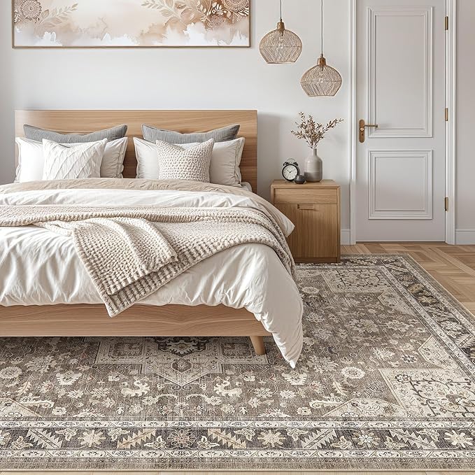 Vintage Living Room Area Rug 9x12 - Large Soft Washable Oriental Traditional Distressed Farmhouse Rugs for Bedroom - Indoor Floor Accent Carpet for Home Office House Decor - Brown