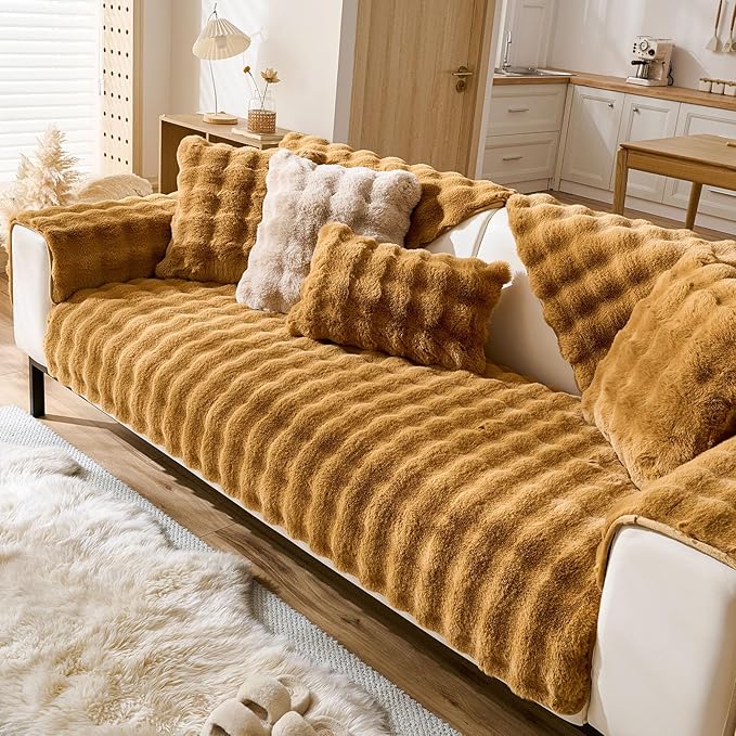 Faux Fur Couch Cover Fuzzy Soft Plush Thick Bubble Sofa Cover Luxury Sectional Couch Covers Luxury Anti-Slip Sofa Slipcover Washable Furniture Protector (Brown Yellow,28"x70")