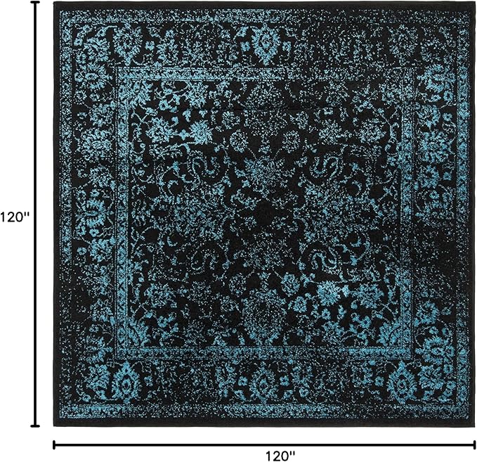 SAFAVIEH Adirondack Collection Area Rug - 10' Square, Black & Teal, Distressed Vintage Floral Design, Non-Shedding & Easy to Clean, Ideal for Living Room, Bedroom, Dining Space (ADR109K)
