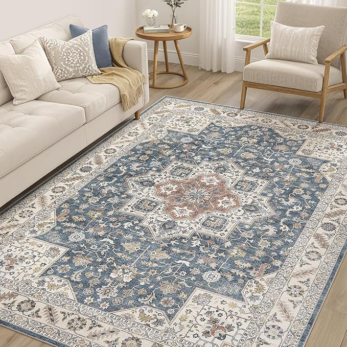 Vintage Living Room Area Rug 7x9 - Large Soft Washable Oriental Traditional Distressed Farmhouse Rugs for Bedroom - Indoor Floor Accent Carpet for Home Office House Decor - Vintage Blue