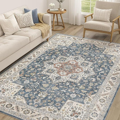 Vintage Living Room Area Rug 5x8 - Large Soft Washable Oriental Traditional Distressed Farmhouse Rugs for Bedroom - Indoor Floor Accent Carpet for Home Office House Decor - Vintage Blue