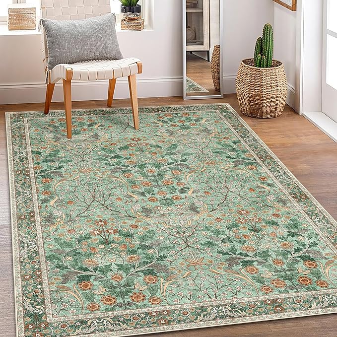 MUJOO 3x5 Green Rug Washable,Floral Area Rug for Bedroom Office Entryway Living Room Bedside,Small Throw Carpet Boho Non Slip Indoor Floor Botanical Vintage Ultra-Thin