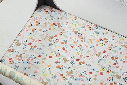 Onacosht Pack n Play Fitted Sheets for Baby Girl 2 Pack Set Soft Jersey Knit Sheets for Mini Crib Mattress and Playard Mattress, Rabbit Floral and Owl Printing