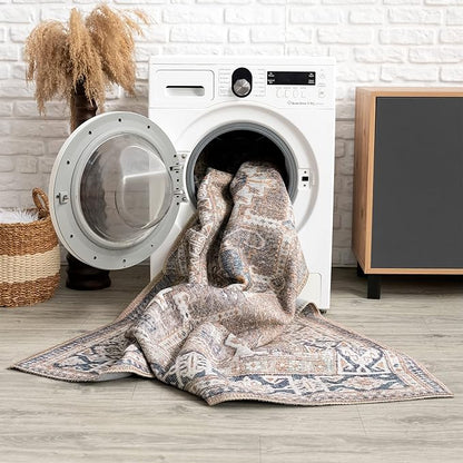 Bloom Rugs Washable 5' x 7' Rug - Brown/Blue/Orange Traditional Area Rug for Living Room, Bedroom, Dining Room, and Kitchen - Exact Size: 5' x 7'