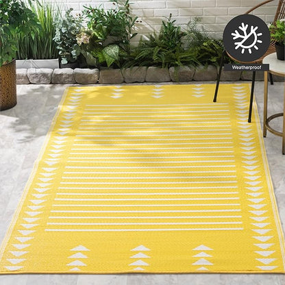 FH Home Outdoor Rug - Waterproof, Fade Resistant, Crease-Free - Premium Recycled Plastic - Geometric - Porch, Deck, Balcony, Mudroom, Laundry Room, Patio - Hampton - Yellow Crease Free - 3 x 5 ft