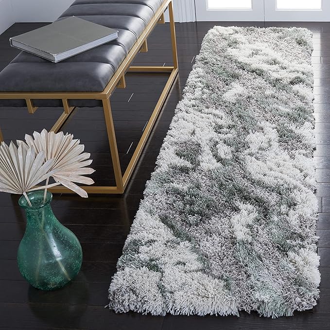 SAFAVIEH Horizon Shag Collection Runner Rug - 2' x 7', Grey & Green, Modern Abstract Design, Non-Shedding & Easy Care, 2.6-inch Thick Ideal for High Traffic Areas in Living Room, Bedroom (HZN890Y)