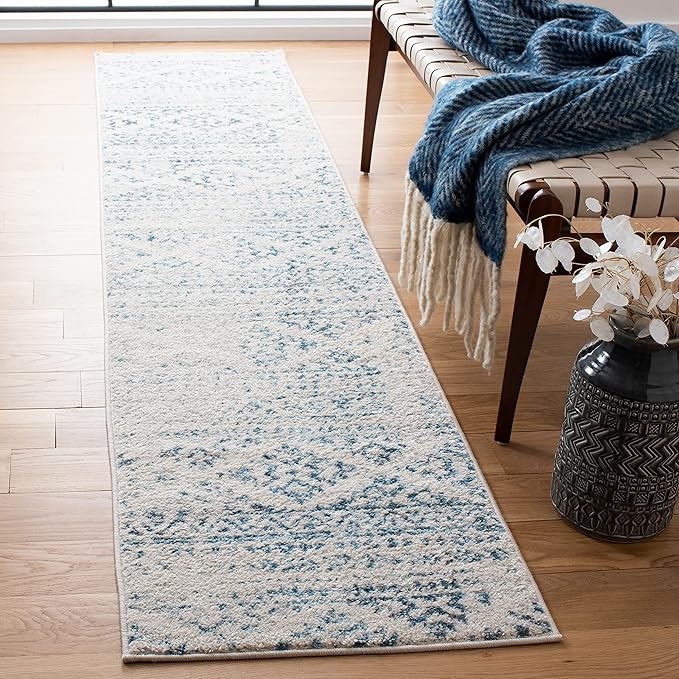 SAFAVIEH Tulum Collection Runner Rug - 2' x 8', Ivory & Turquoise, Moroccan Boho Tribal Design, Non-Shedding & Easy to Clean, Ideal for Living Room, Hallway, Foyer, Entryway, Bedroom (TUL272E)