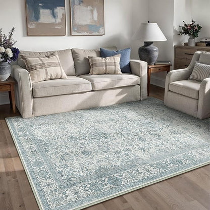 Vintage Area Rug 4x6 Blue Entryway Office Washable Carpet Non Slip Bedroom Indoor Living Room Door Mat Low Pile Traditional Distressed Retro Accent Rug for Dining Room Bathroom Kitchen