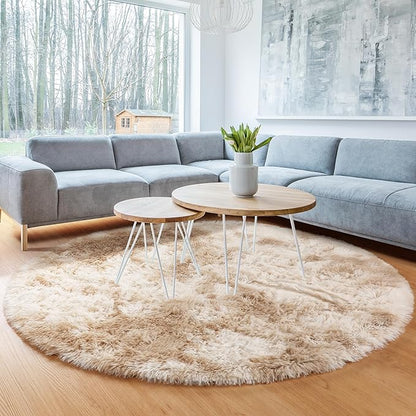ONASAR Tie-Dye Beige Round Area Rug 4ft, Soft Bedroom Circle Rugs Floor Mats for Kids Girls Teen Room, Kawaii Fluffy Plush Shaggy Carpet for Baby Nursery Living Room Playroom Home Decor