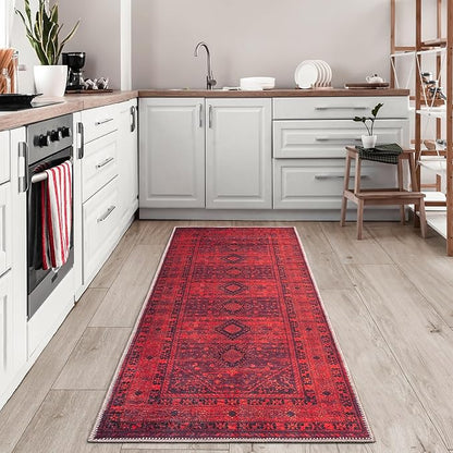 Bloom Rugs Washable Non-Slip 7 ft Runner - Red Traditional Bordered Runner for Entryway, Hallway, Bathroom, and Kitchen - Exact Size: 2.5' x 7'