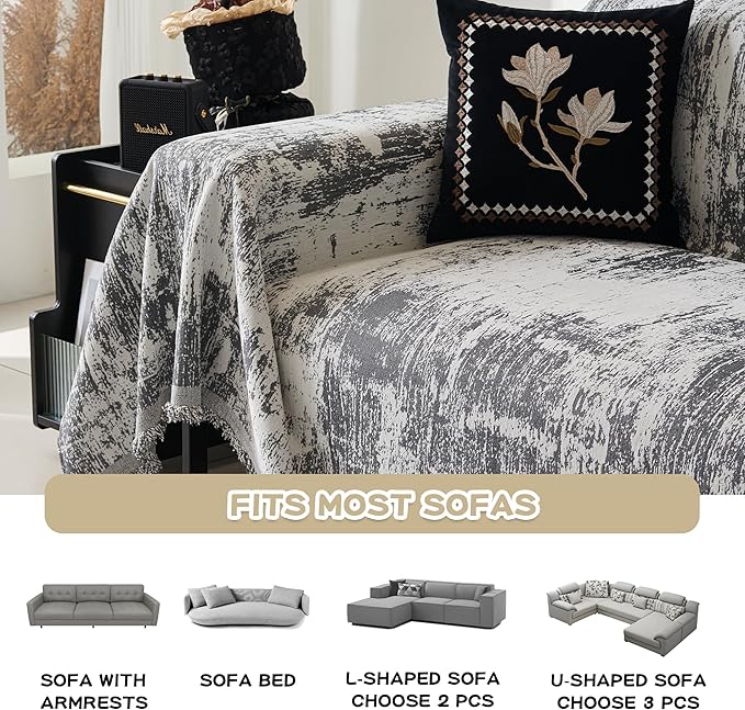 MEETSKY Boho Couch Cover for 2 Cushion Couch Sofa, Chenille Sofa Cover for Sectional Sofa, Modern Khaki Abstract Jacquard Sofa Covers Washable Sofa Slipcover for Pets Friendly, 91" X118", Deep Grey