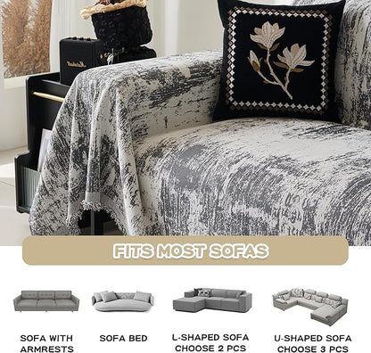 MEETSKY Boho Couch Cover for 2 Cushion Couch Sofa, Chenille Sofa Cover for Sectional Sofa, Modern Khaki Abstract Jacquard Sofa Covers Washable Sofa Slipcover for Pets Friendly, 91" X118", Deep Grey