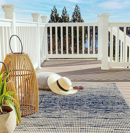 Fab Habitat Outdoor Rug - Waterproof, Fade Resistant, Crease-Free - Premium Recycled Plastic - Distressed Abstract Stripes - Patio, Deck, Porch, Balcony, Laundry Room - Brooklyn - Blue - 4 x 6 ft