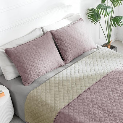 Easy-Going Twin Size Reversible Quilt Set with 1 Quilt and 1 Pillow Sham, Soft Bed Quilt Cover, Water Resistant Lightweight Microfiber Bedspread, Stain Resistant, Pink/Beige