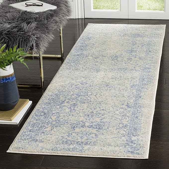 SAFAVIEH Adirondack Collection Runner Rug - 2'6" x 6', Ivory & Light Blue, Distressed Vintage Floral Design, Non-Shedding & Easy to Clean, Ideal for Hallway, Foyer, Entryway, Bedroom (ADR109L)