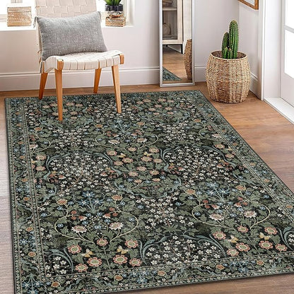MUJOO 3x5 Rug Washable,Floral Area Rug for Bedroom Office Entryway Living Room Bedside,Small Throw Carpet Boho Non Slip Indoor Floor Botanical Vintage Ultra-Thin Black and Green