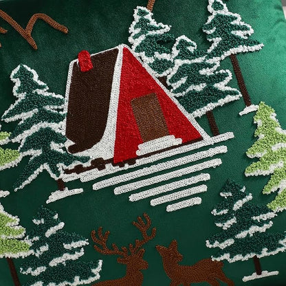LUOYEHK Christmas Green Pillow Covers 18x18 Set of 2 House and Deer Decorative Pillow Cases Winter Holiday Velvet Embroidered Cushion Covers for Couch Sofa Bed