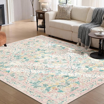 MUJOO Pink 5x7 Area Rugs,Floral Washable Rug for Living Room Bedroom Office Dining Room,Large Throw Carpet,Boho Non Slip Indoor Floor Big Soft Botanical Vintage Ultra-Thin