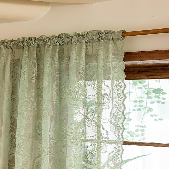 Green Lace French Delicacy Curtains 84 Inches Long -Rod Pocket Luxury Vintage Bow Butterfly Sheer Flower Lace Curtains for Living Room Bedroom，52 x 84 Inch, 2 Panels
