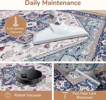 OPPODREAM Thin Entryway Rug 2x8, 2x8 Rug Runner, Washable Hallways Carpet 2 x 8 with Non Slip Backing, Low-Pile Bedside Carpet 2 x 8, Long, Faux Cashmere, Navy Blue & Red & Cream