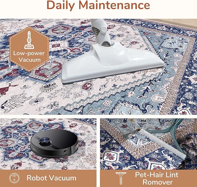 OPPODREAM Thin 6x9 Area Rugs, Washable Rug 6x9 with Non Slip Backing, Faux Cashmere Low-Pile 6 x 9 Carpet, Navy Blue & Red & Cream