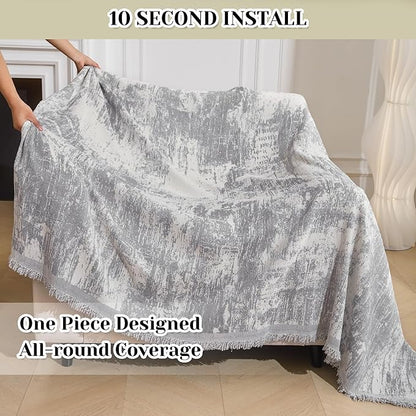 MEETSKY Small Couch Cover Oversized Chair Cover Washable, Chenille Soft Throws Cover for Single Sofa, Abstract Geometric Sofa Slipcover Multi-Use Furniture Protector for Dogs, 71" x 91", Light Grey
