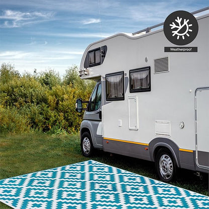 FH Home Outdoor Rug - Waterproof, Fade Resistant, Reversible - Premium Recycled Plastic - Geometric - Large Patio, Deck, Sunroom, Camping, RV - Aztec - Teal & White Crease Free - 6 x 9 ft