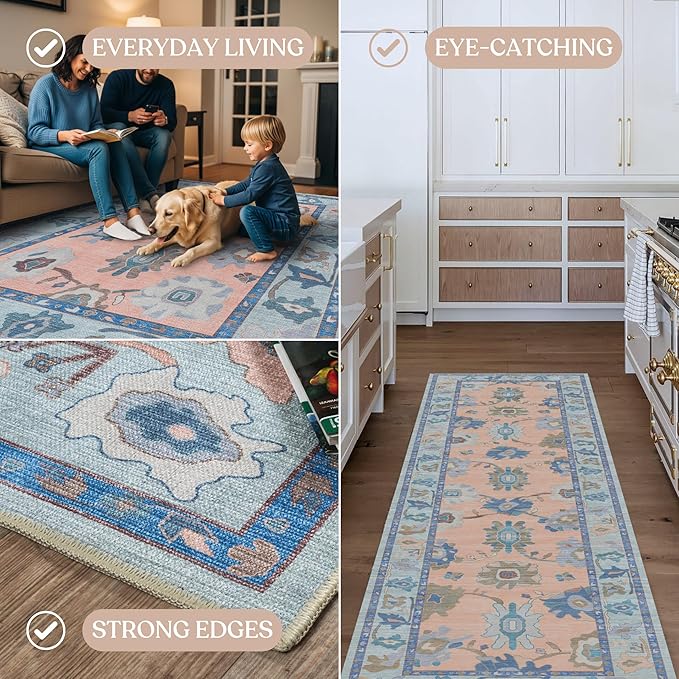 Fame Living Modern Oushak Rug, Rugs, Vintage, Turkish, Eclectic, Floral, Pastel, Washable, Small Throw, Accent Area Rug for Living Room, Bedroom, Kitchen, Bathroom, 2'5"x4'9"